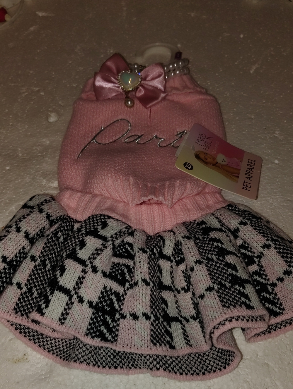 Pink Pearl Bow Knit Pet Dress with Black Patterned Skirt Paris Hilton Size XS